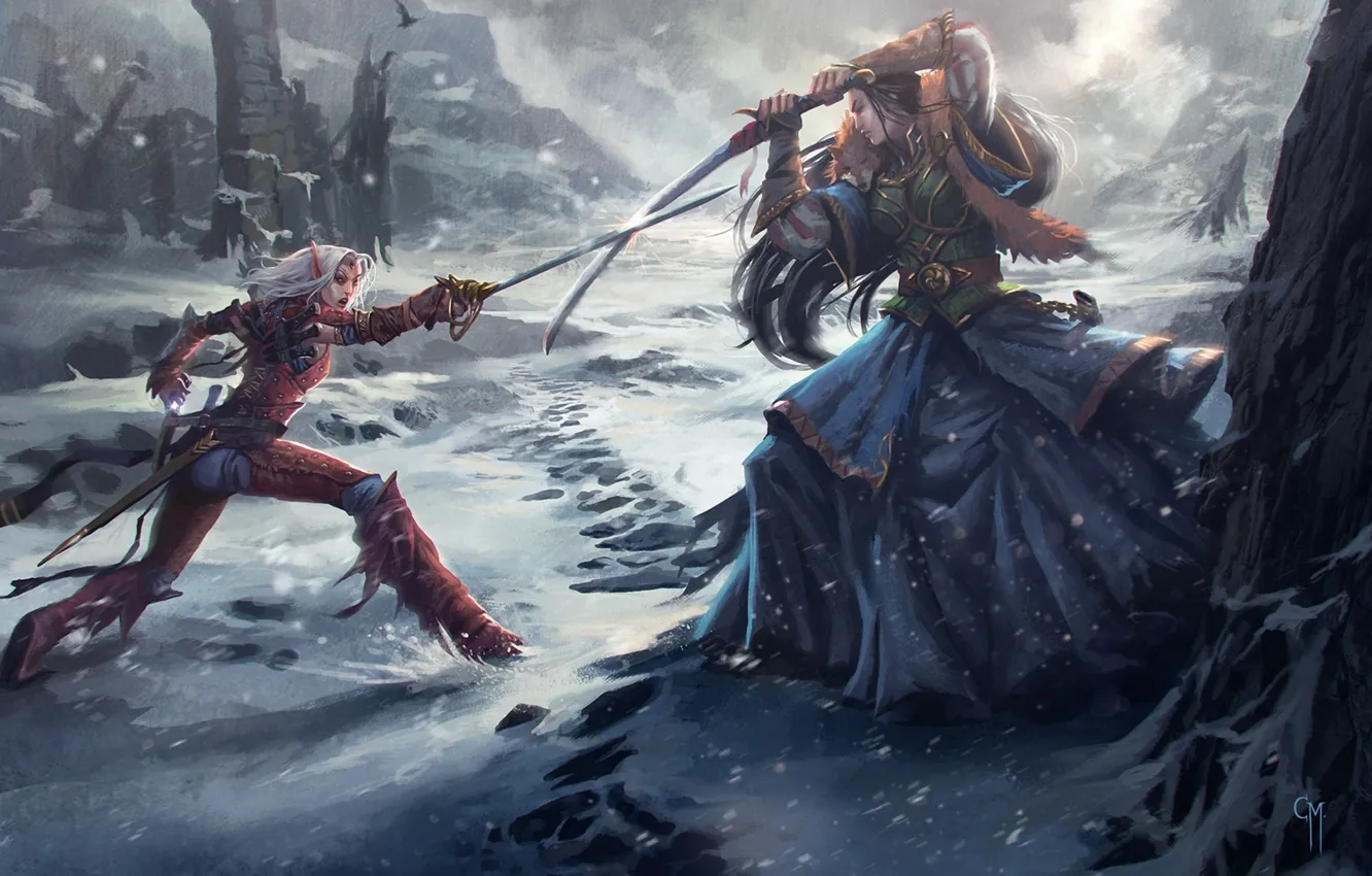 Фото обои снег, девушки, меч, арт, битва, эльфийка