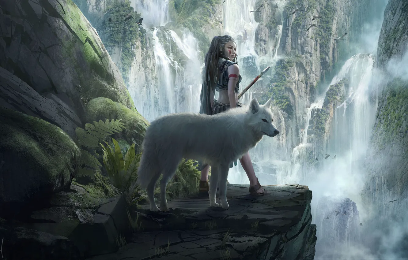 Фото обои взгляд, девушка, арт, копье, белый волк, пейзаж. птицы