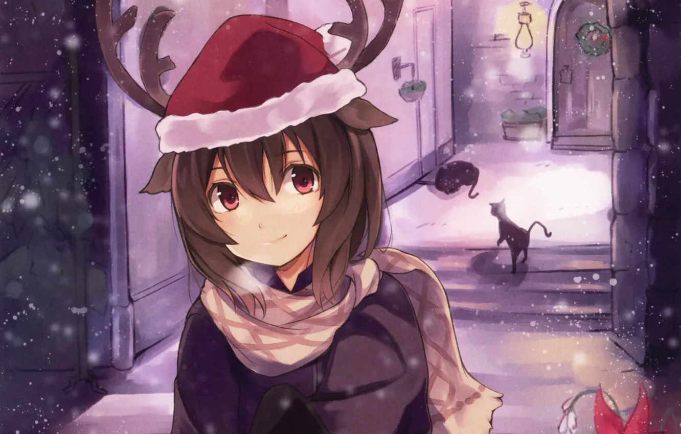 Фото обои зима, девушка, снег, праздник, коты, рождество, аниме, арт