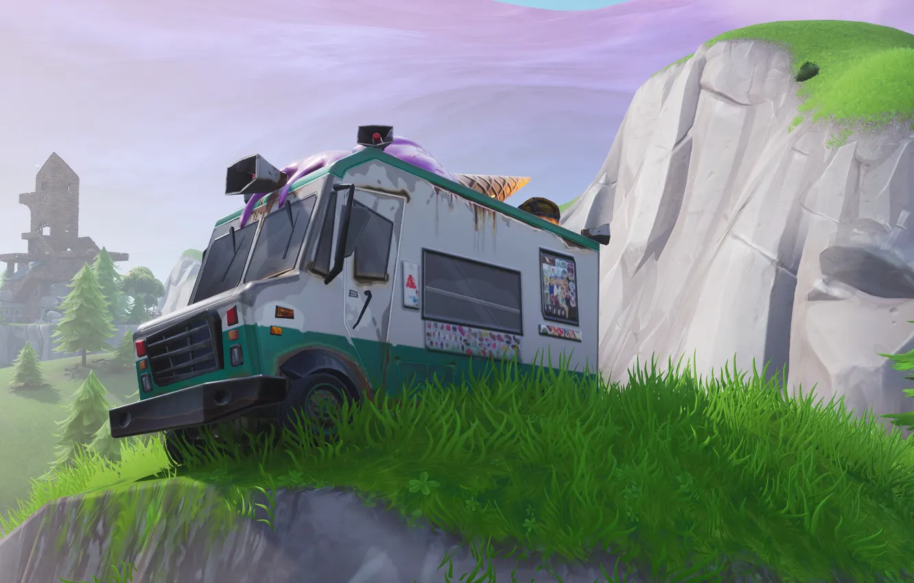 Фото обои машина, трава, Fortnite