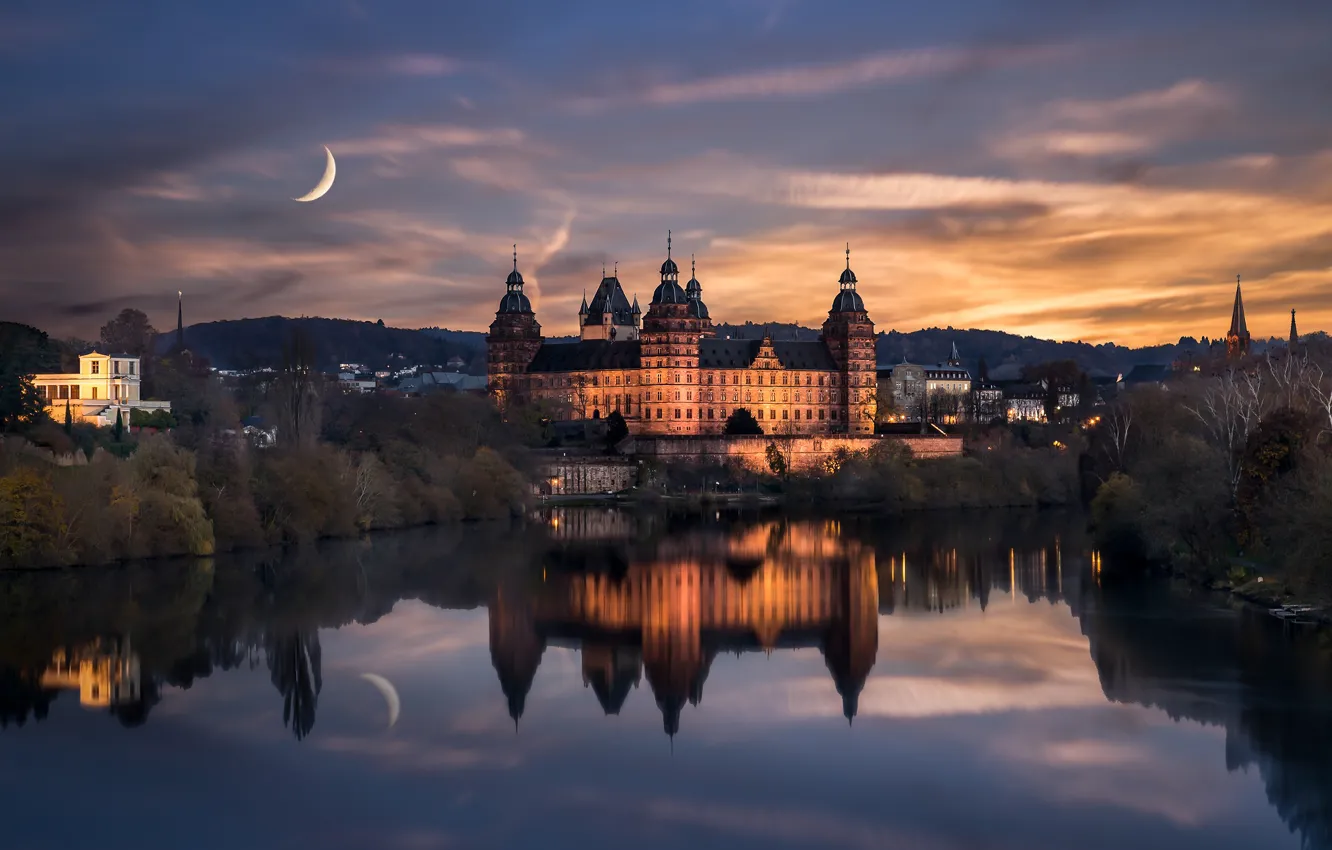 Фото обои вода, отражения, ночь, город, замок, луна, Германия, Ашаффенбург