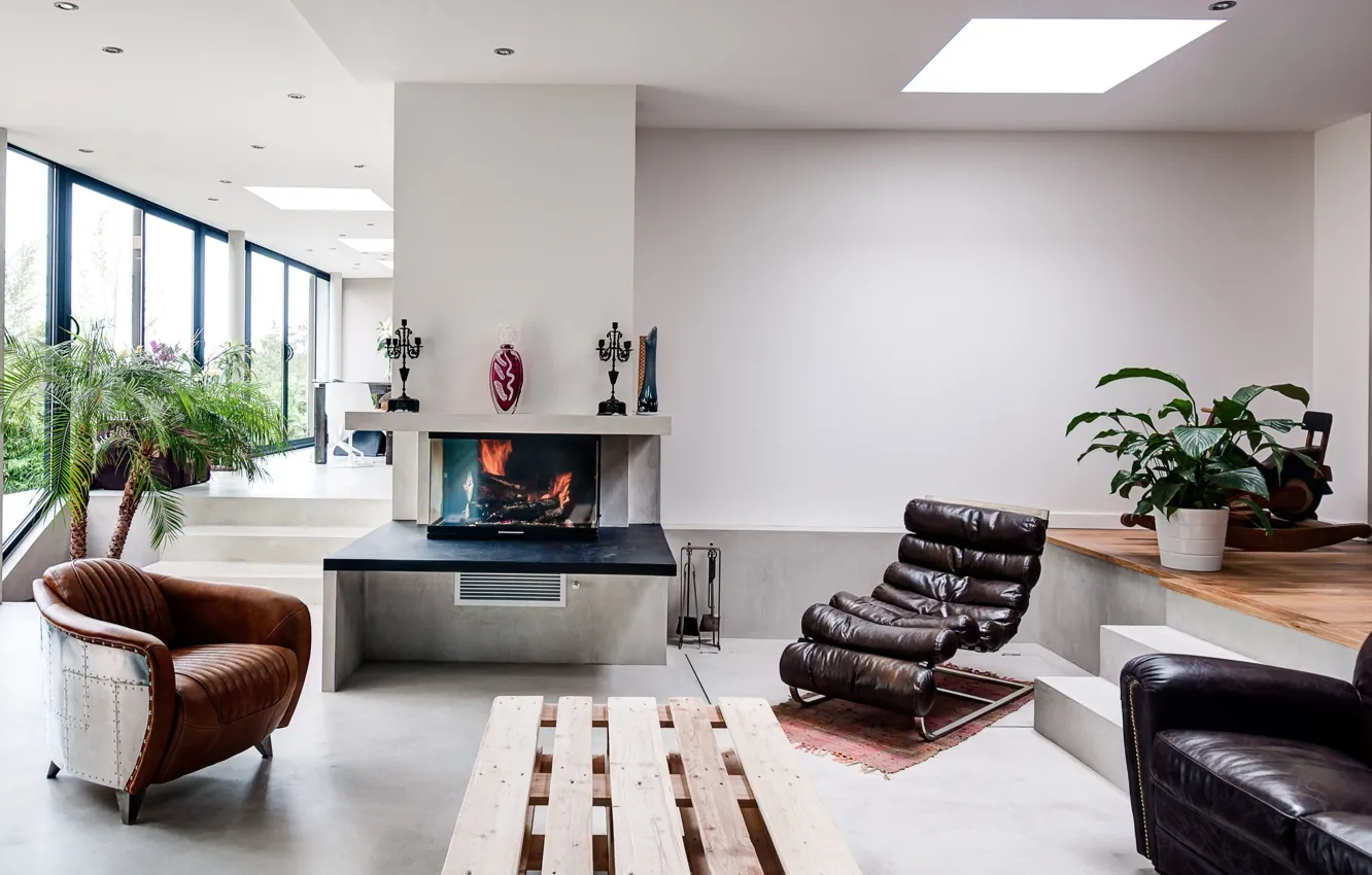 Фото обои дизайн, стиль, интерьер, растения, кресла, камин, гостиная, House in Vexin