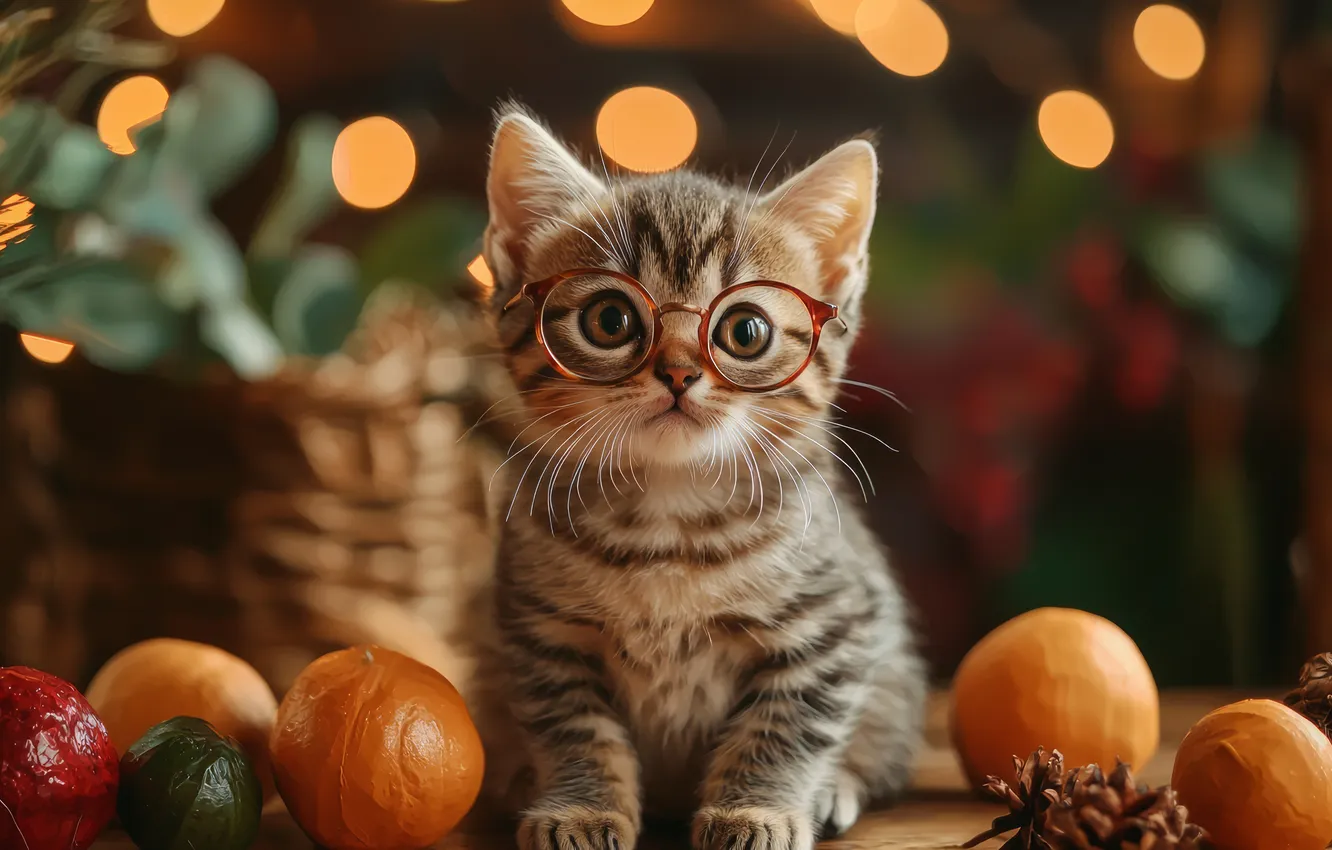 Фото обои кошка, взгляд, шарики, огни, поза, котенок, серый, очки