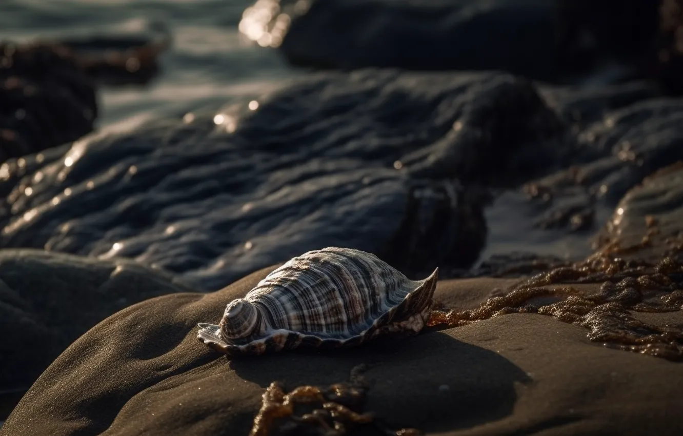 Фото обои камни, скалы, раковина, ракушки, моллюски, берег моря, цифровое искусство, ИИ-арт