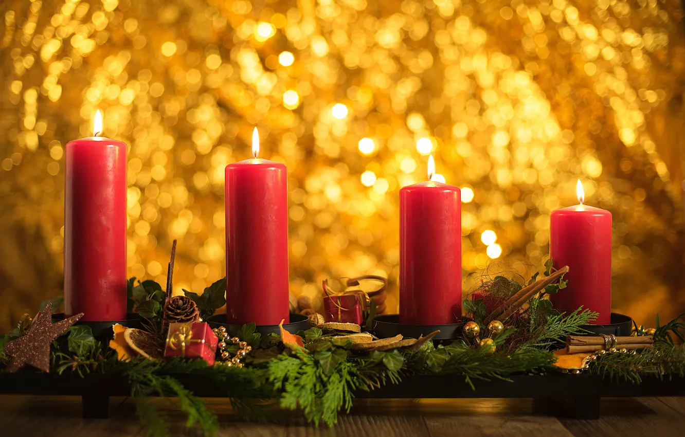 Фото обои блики, фон, свечи, Рождество, Новый год, композиция, декорация