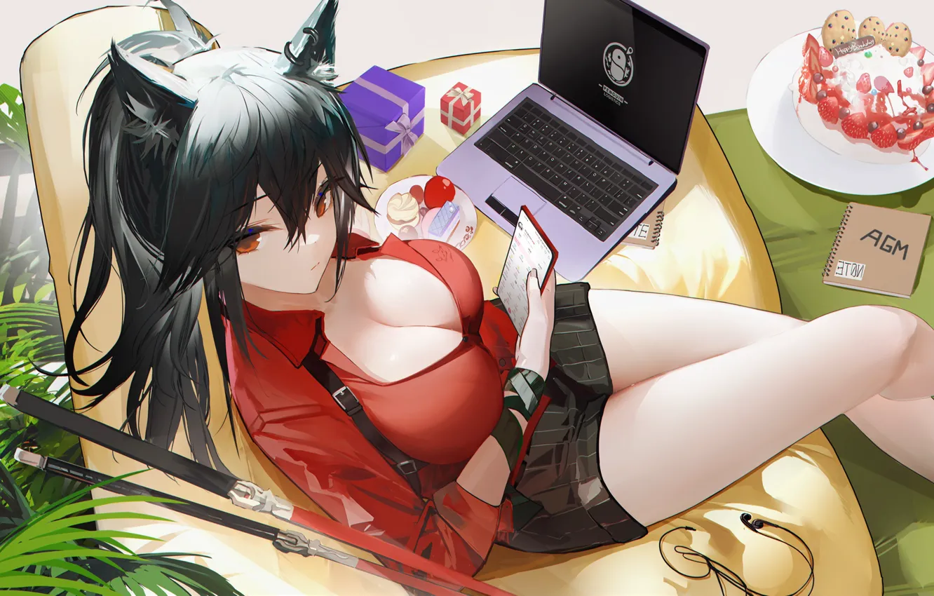 Фото обои cleavage, cake, animal ears, red eyes, sweets, texas, laptop, anime girls