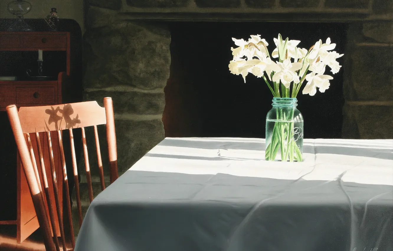 Фото обои цветы, стол, стул, камин, Волков Александр, Study of a Conversation