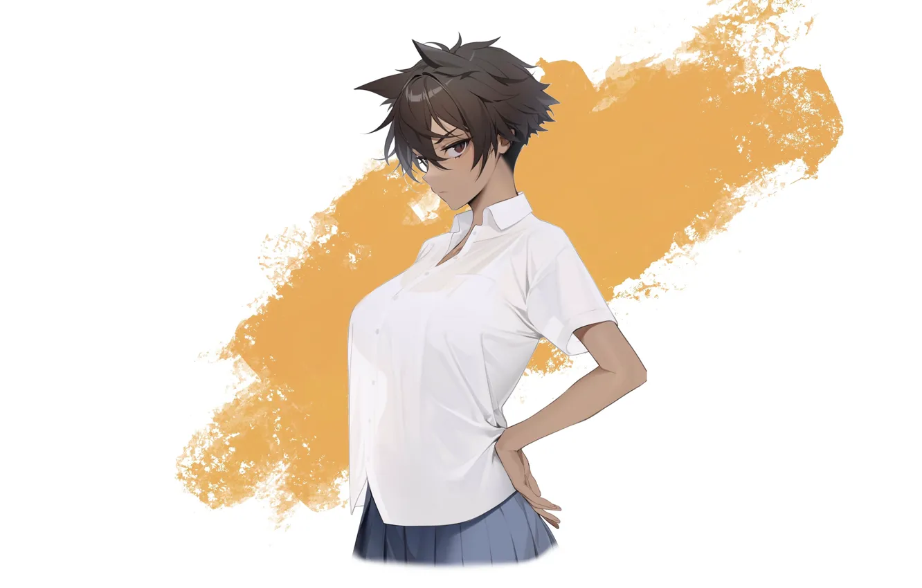Фото обои kawaii, girl, school uniform, boobs, anime, brown, pretty, big boobs