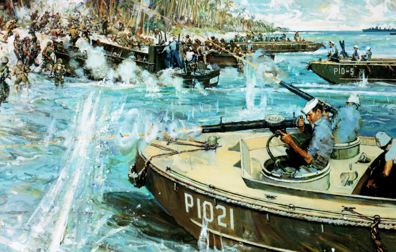 Фото обои атака, рисунок, арт, катера, выстрелы, высадка, WW2, морская пехота