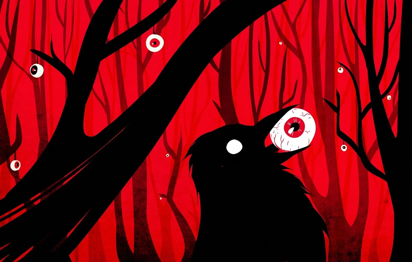 Фото обои лес, глаза, птица, арт, ворон, красный фон, мрачно