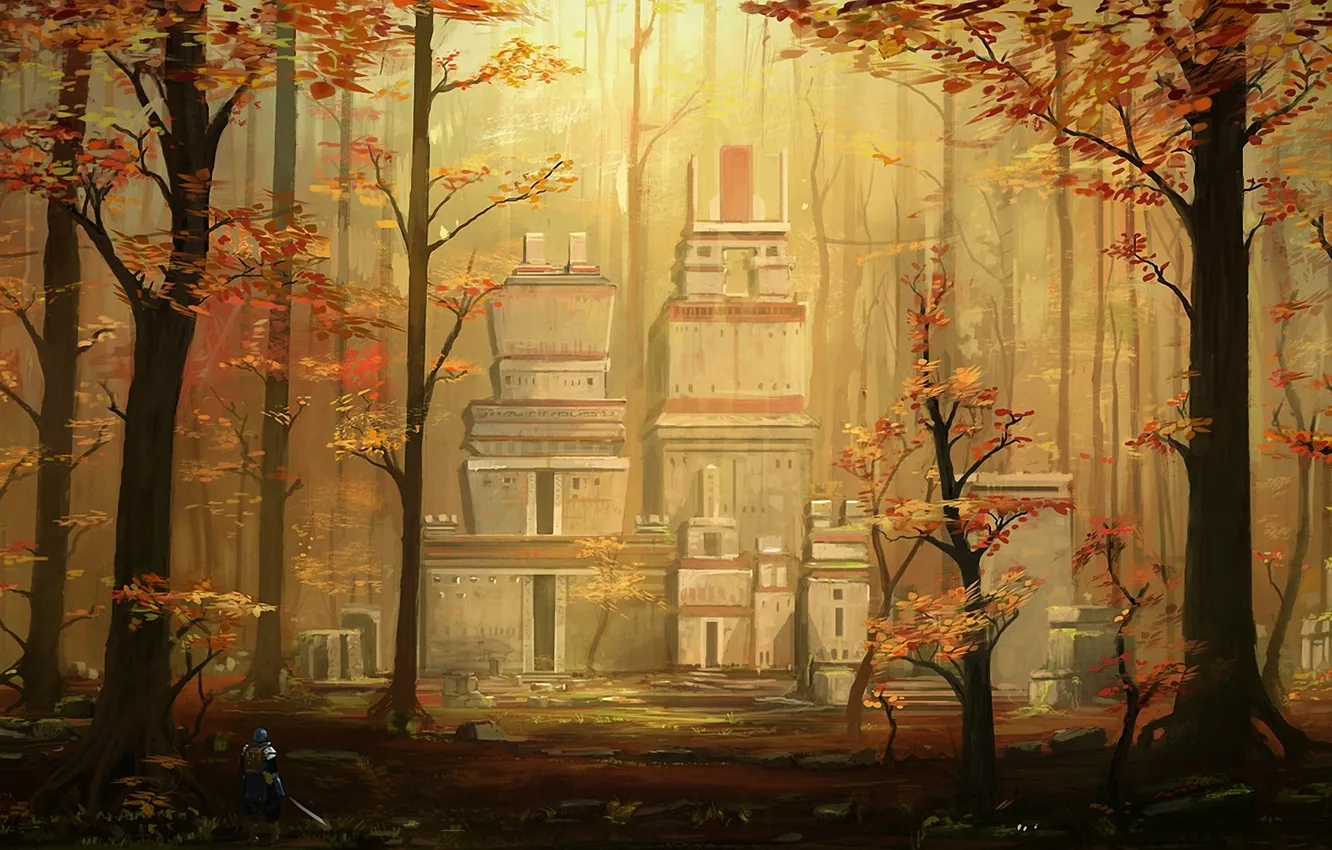Фото обои осень, лес, деревья, человек, меч, воин, арт, blinck