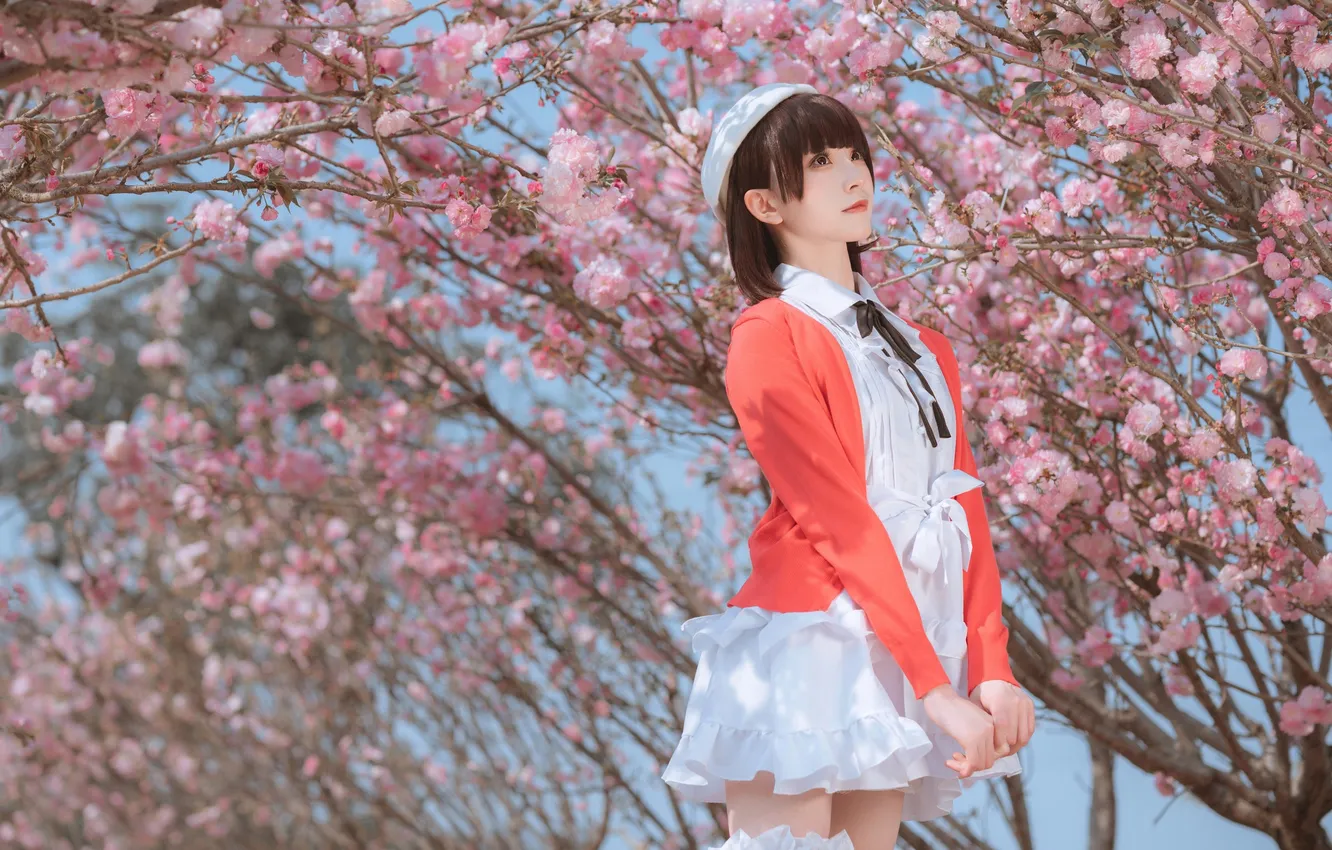Фото обои Beautiful, Asian, Model, Tree, Flowers, Woman, Cute, Pretty