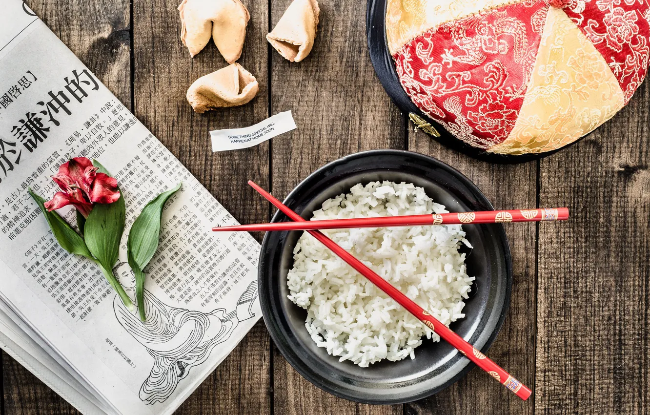 Фото обои red, rice, chinese, dinner, chopsticks, fortune, fortunate cookie