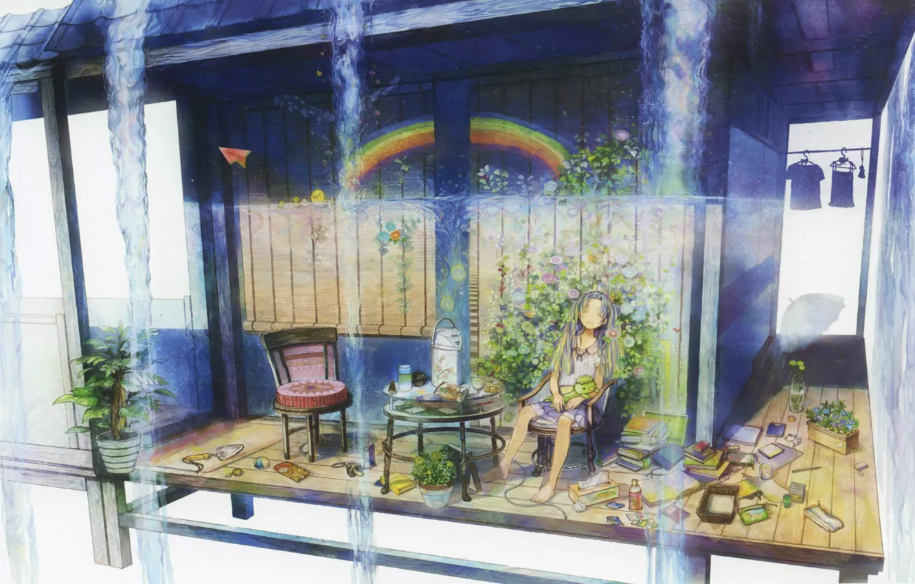 Фото обои лето, стол, книги, стулья, радуга, растения, зонт, спит