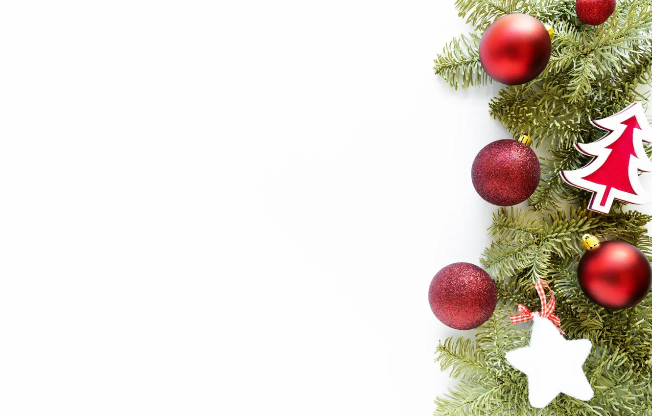 Фото обои зима, звезды, шарики, праздник, шары, Рождество, красные, белый фон