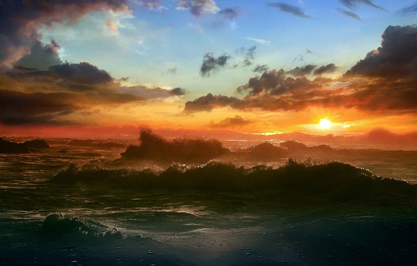 Фото обои море, солнце, облака, Волны