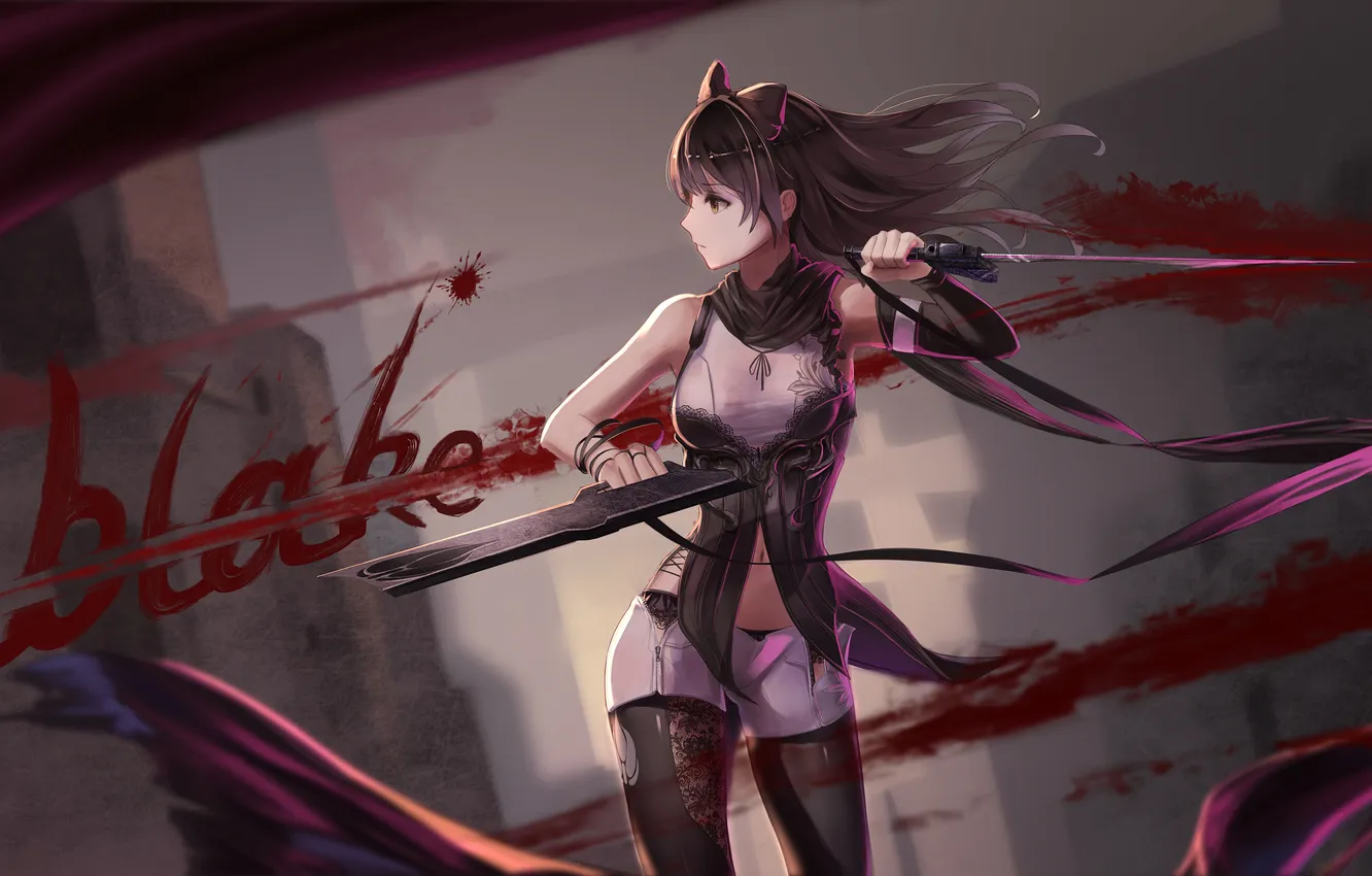 Фото обои девушка, оружие, кровь, аниме, арт, red flowers, rwby, blake belladonna