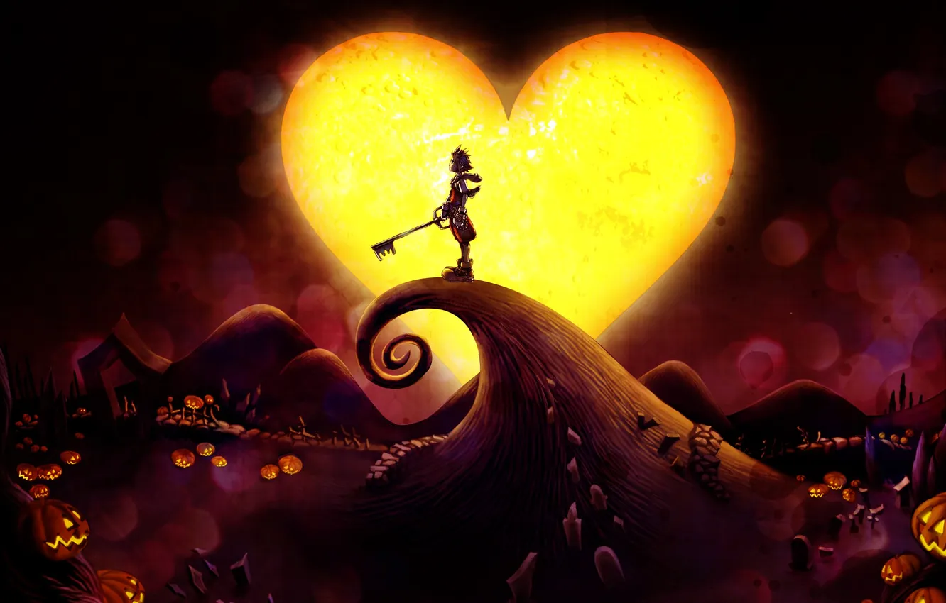 Фото обои сердце, мальчик, ключ, тыквы, сердечко, sora, kingdom hearts