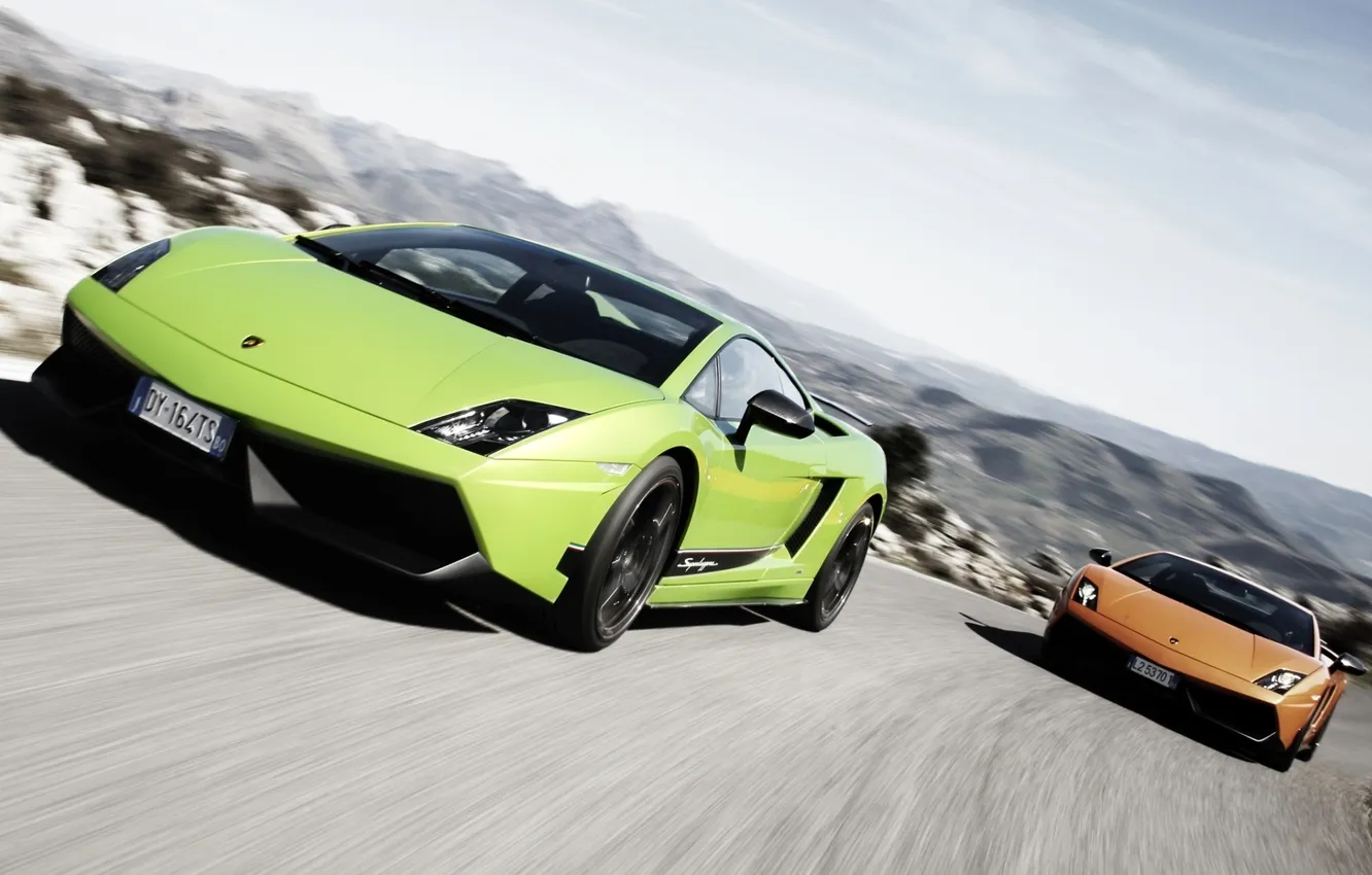 Фото обои дорога, небо, горы, оранжевый, Lamborghini, зелёный, суперкар, Superleggera