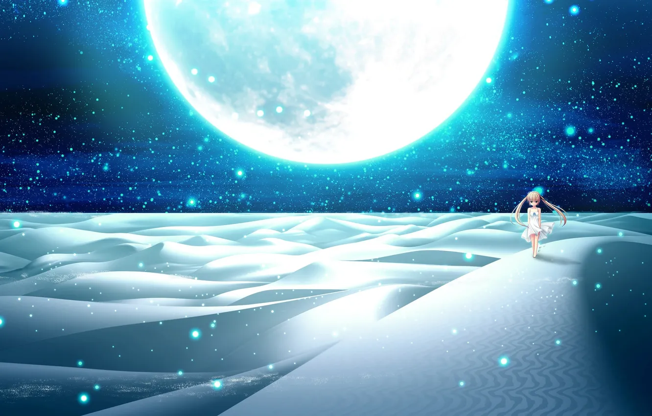 Фото обои песок, девушка, ночь, луна, пустыня, дюны, прогулка, sakura sakimashita
