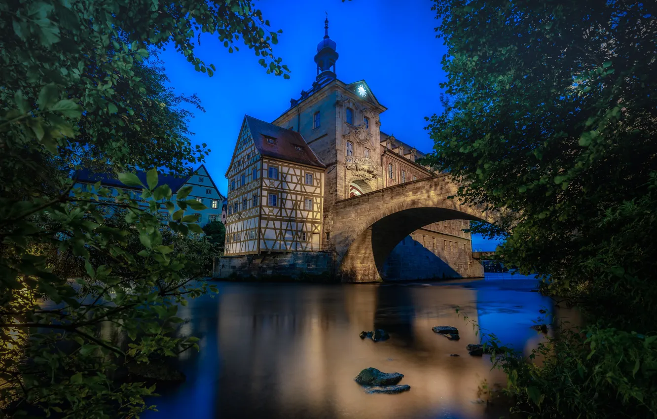 Фото обои деревья, мост, река, здание, Германия, Бавария, Germany, Bamberg