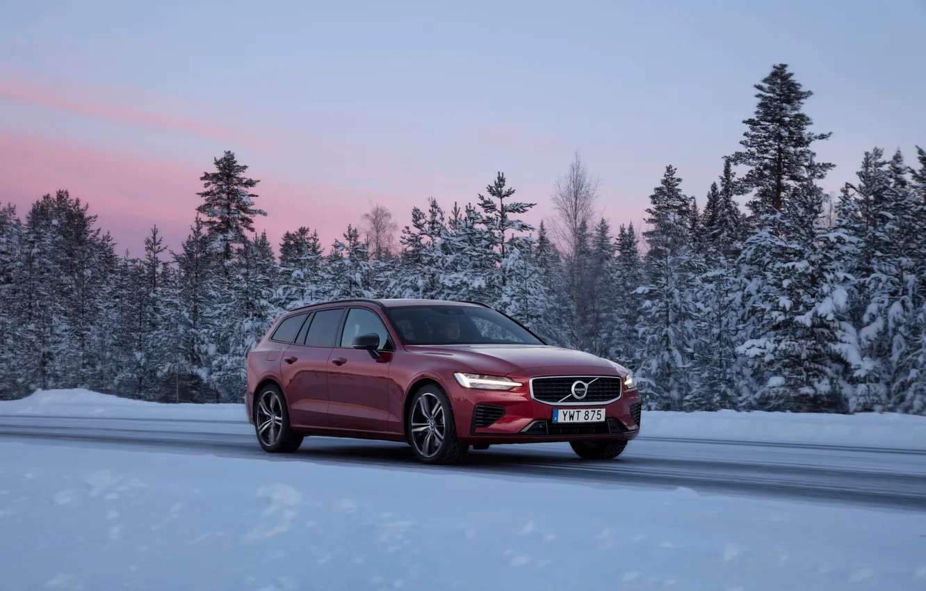 Фото обои зима, дорога, car, снег, деревья, дизайн, Volvo, road