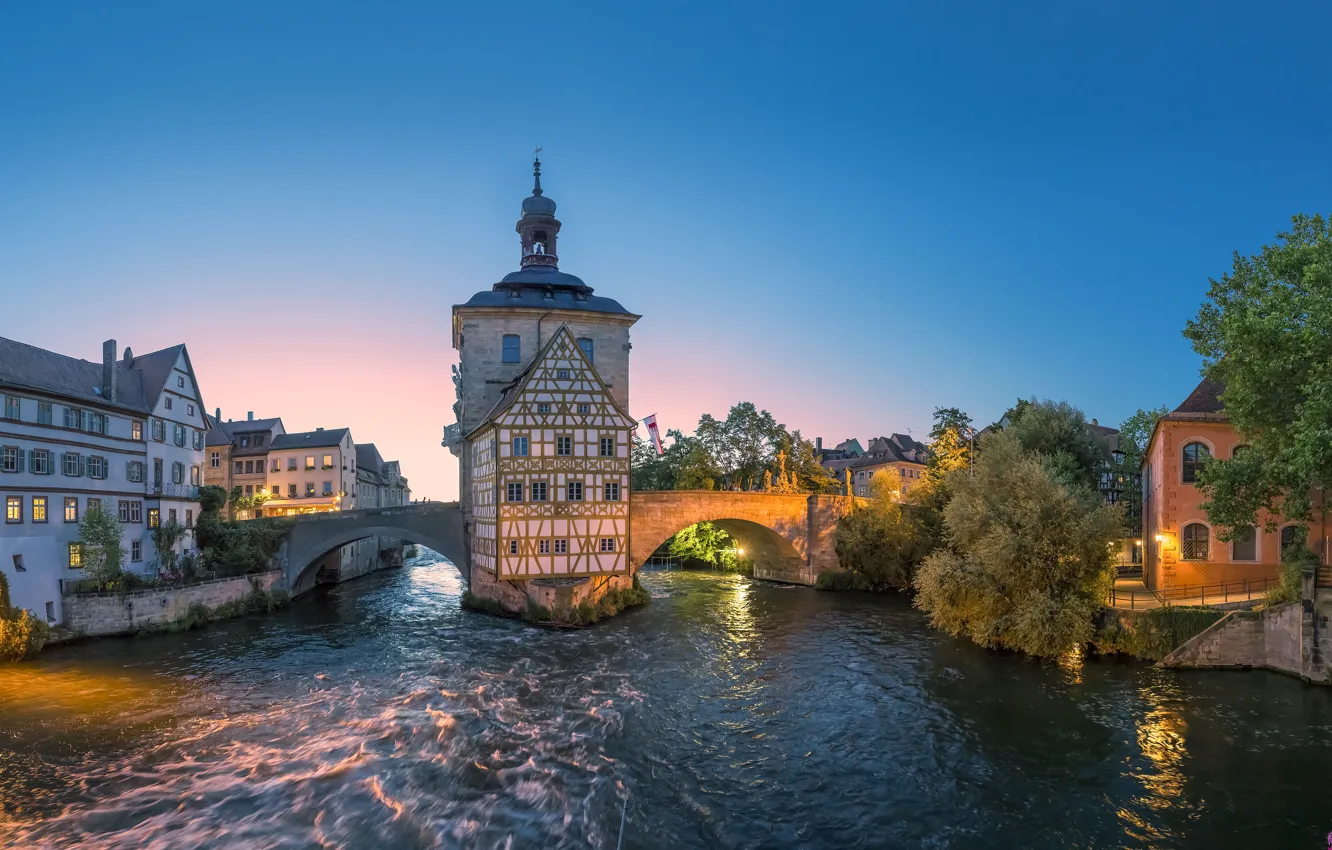Фото обои мост, город, река, здания, дома, вечер, Германия, Бавария