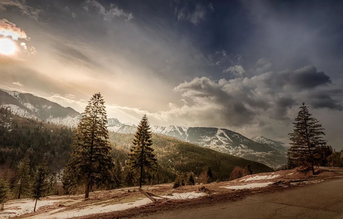 Фото обои дорога, небо, солнце, облака, снег, деревья, пейзаж, горы