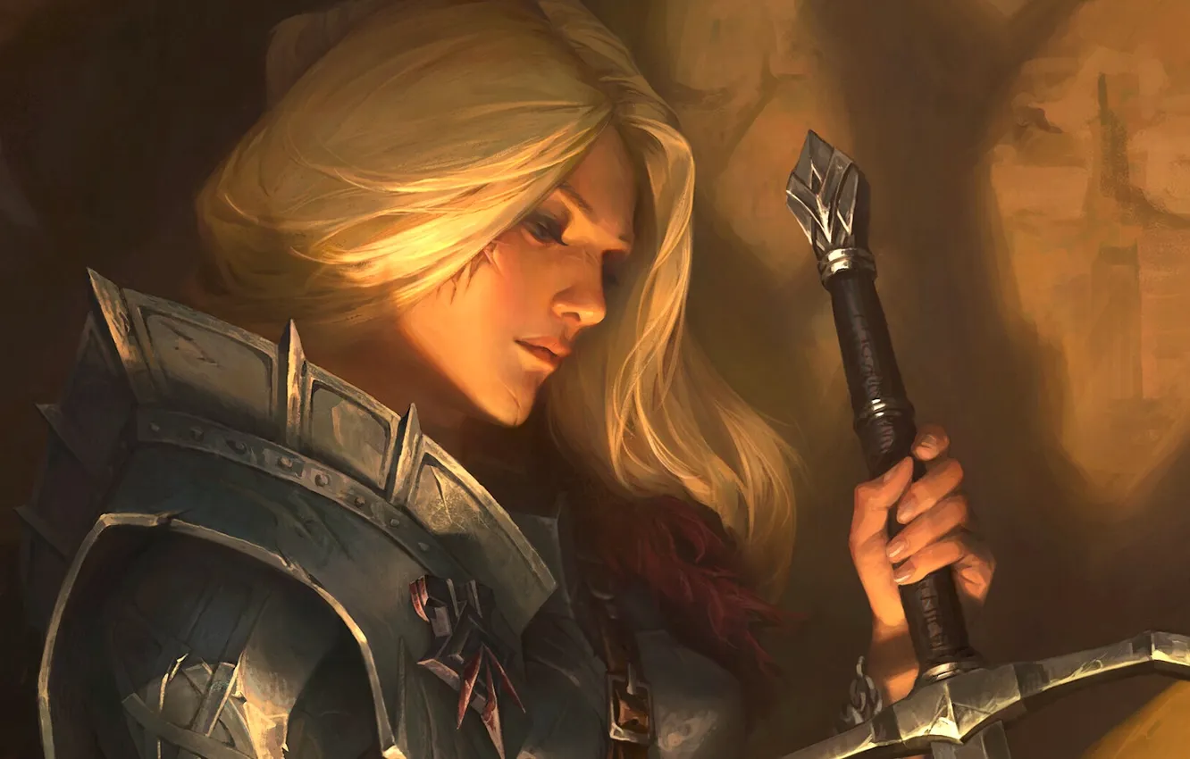 Фото обои girl, sword, fantasy, armor, blonde, artwork, warrior, fantasy art