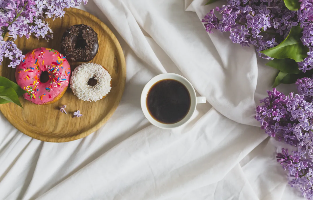 Фото обои цветы, кофе, завтрак, пончики, food, cup, drink, coffee