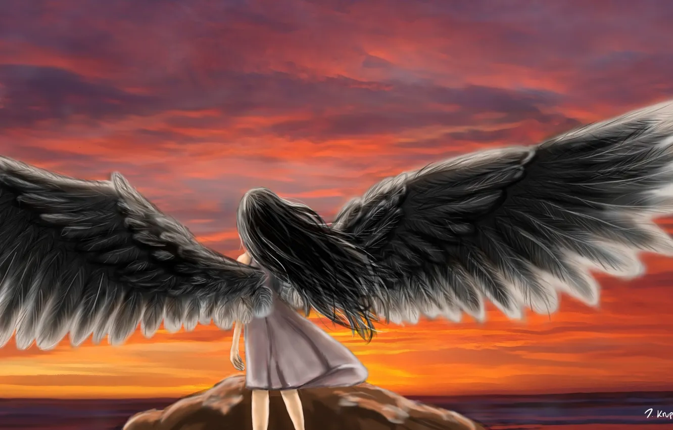 Фото обои море, небо, девушка, закат, спина, крылья, ангел, аниме