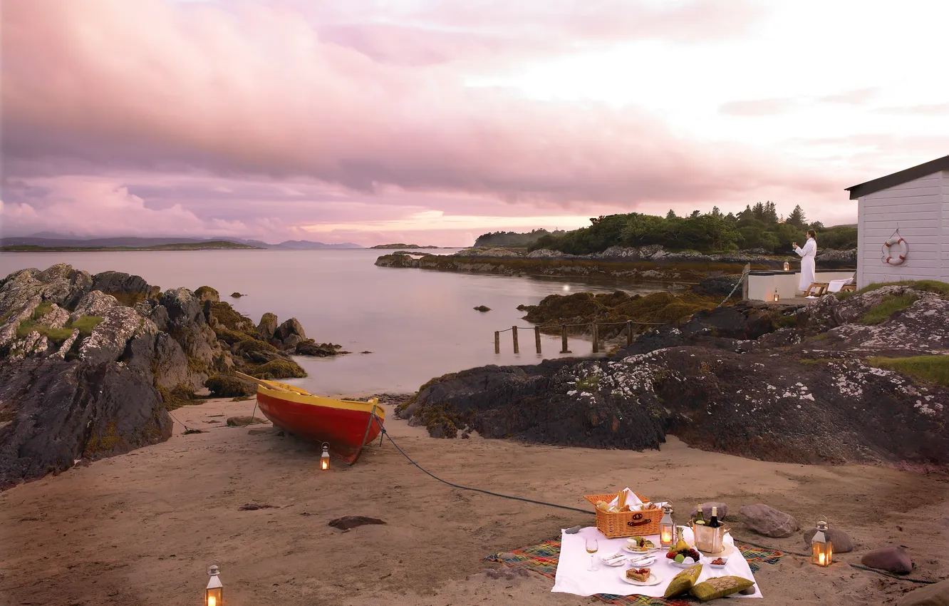 Фото обои пляж, закат, лодка, пикник, красивый, роман, открыть