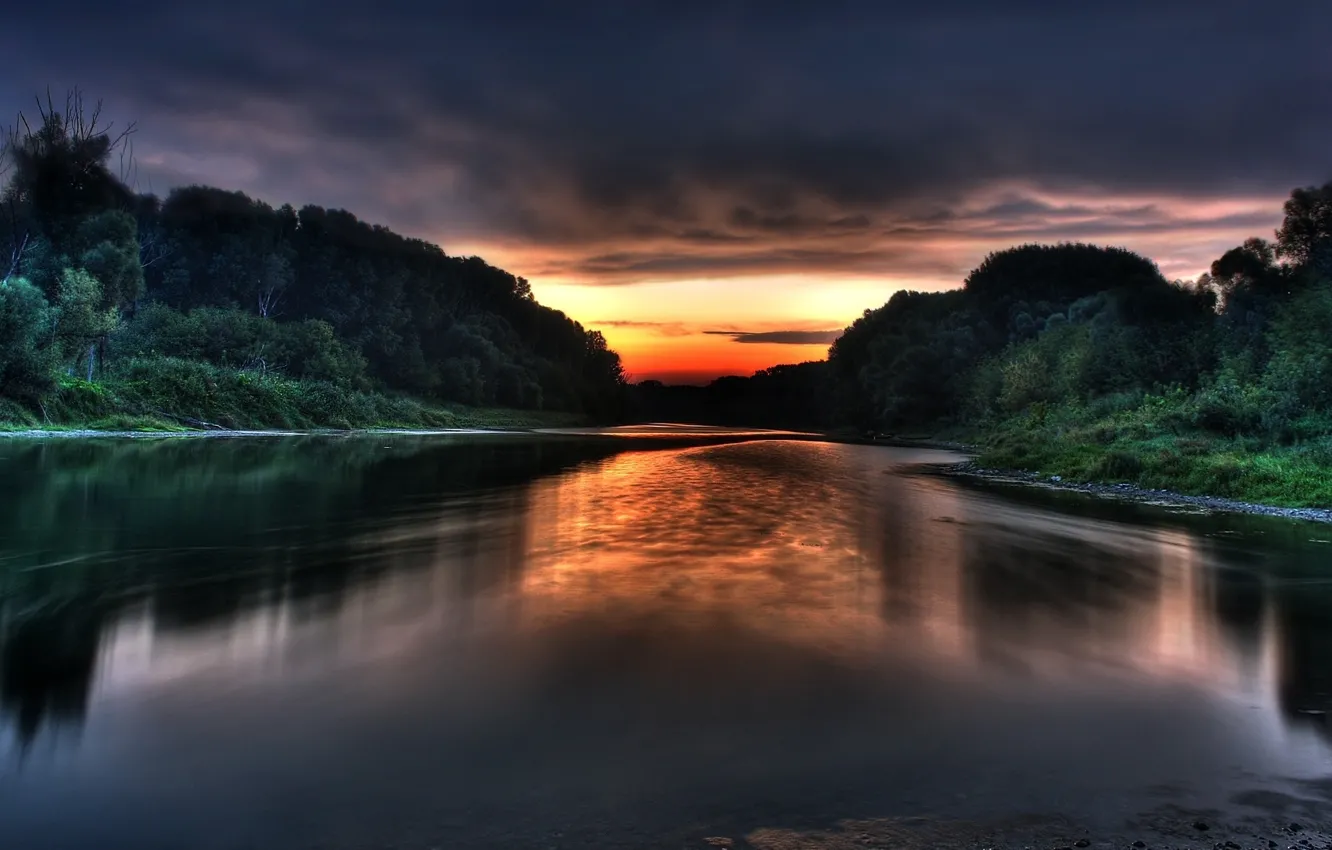 Фото обои Nature, Landscape, Sunset, River, Trees