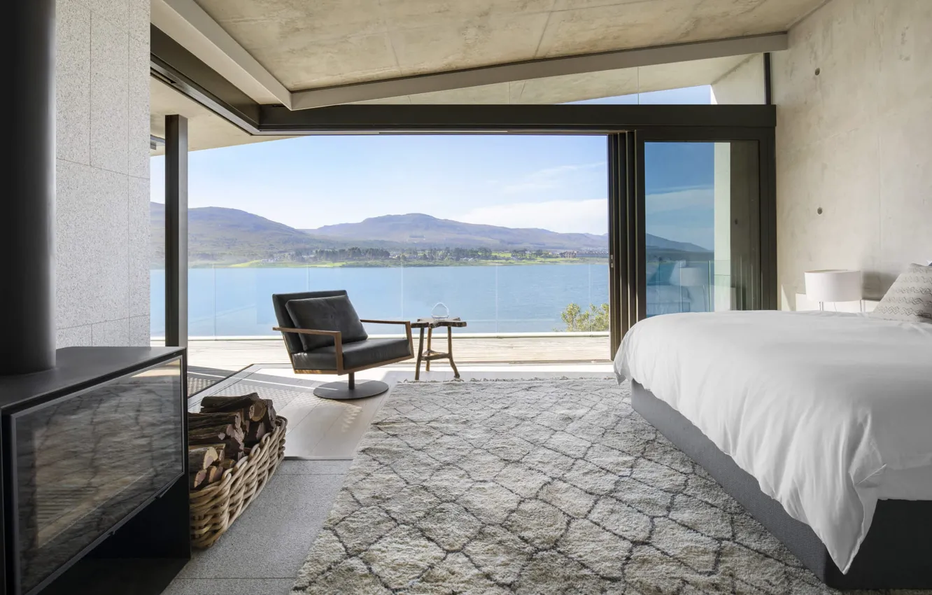 Фото обои интерьер, камин, спальня, большие окна, NONAGON style, Benguela Cove, bedroom indoor-outdoor, by ARRCC interior design