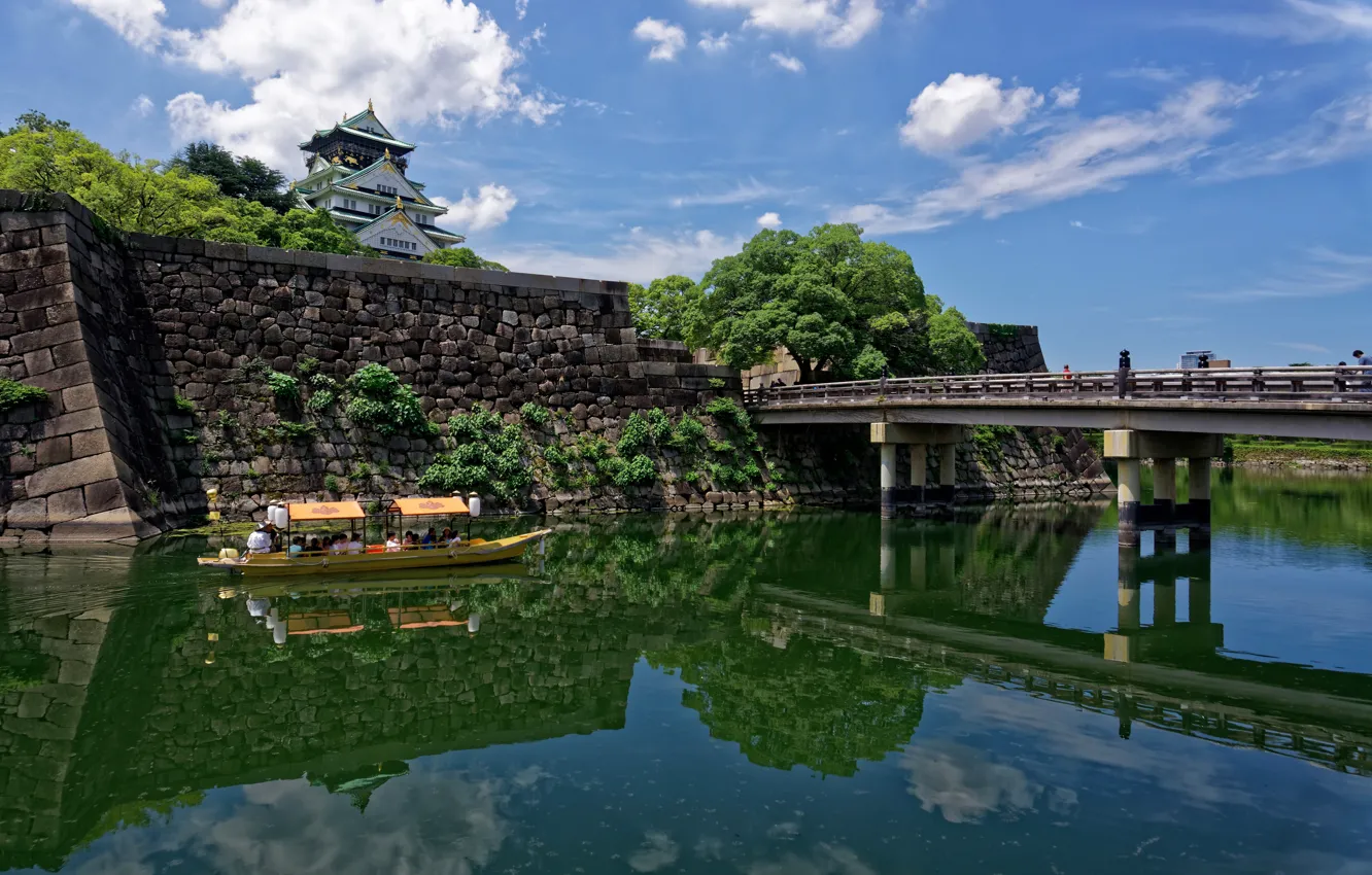 Фото обои мост, река, замок, лодка, Япония, Japan, rivers, bridges