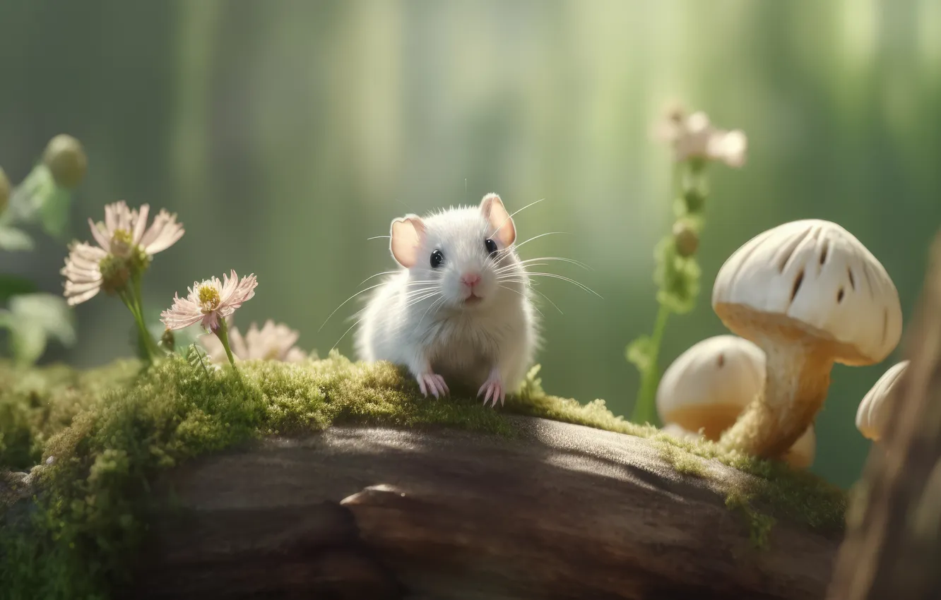 Фото обои animals, flowers, bokeh, mushroom, mice, blurred, illustration, whiskers