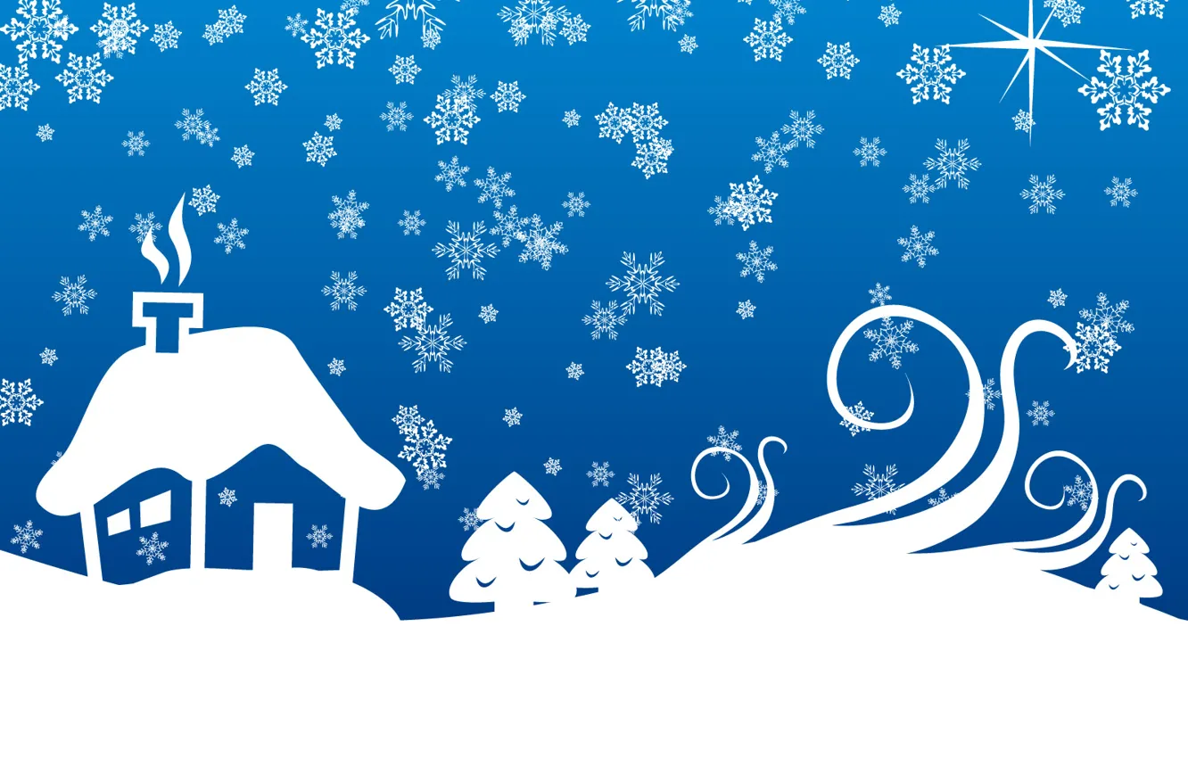 Фото обои снежинки, синий, дом, новый год