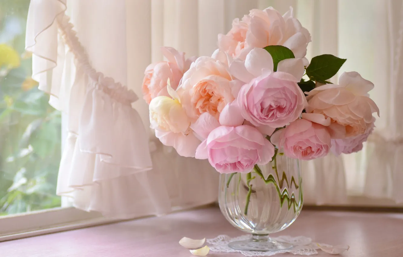 Фото обои розовый, розы, букет, окно