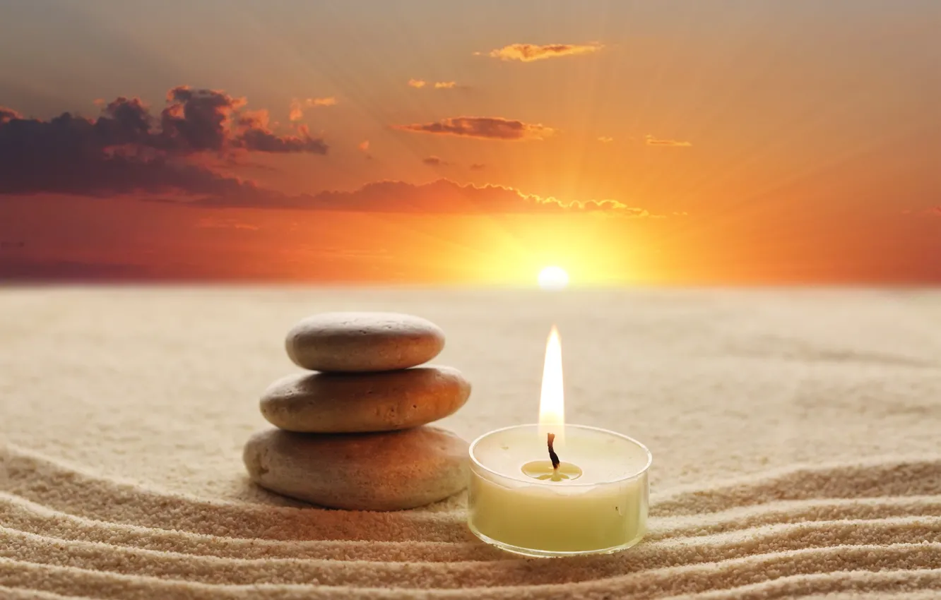 Фото обои песок, восход, камни, свеча, заря