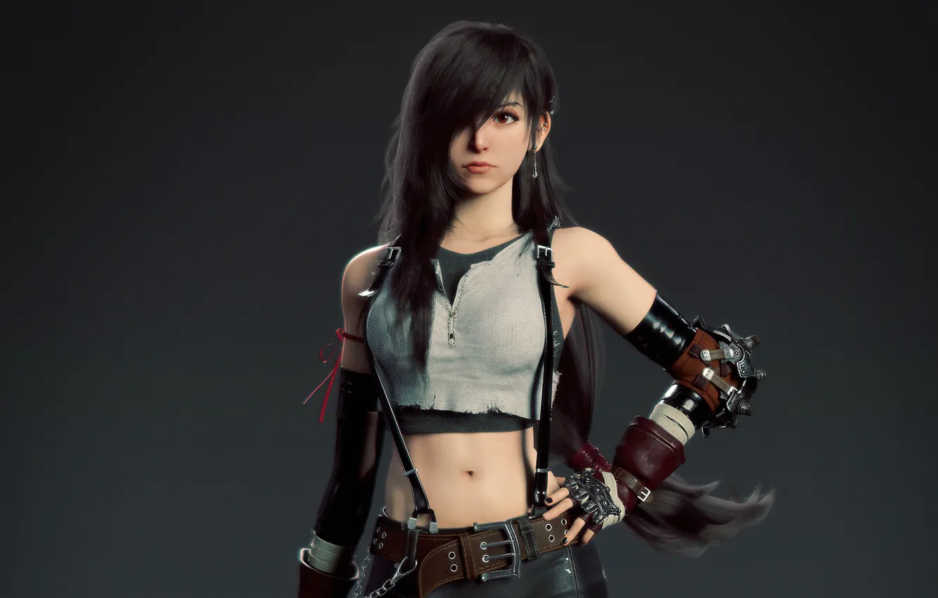 Фото обои брюнетка, топ, длинные волосы, красивая девушка, 3D модель, темно-серый фон, Final Fantasy VII, Tifa Lockhart