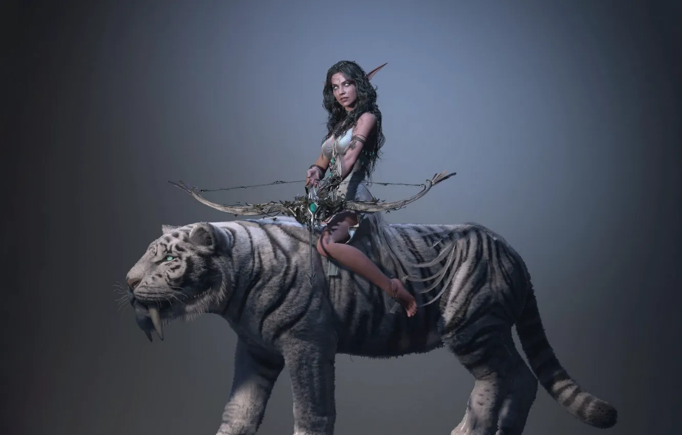 Фото обои Лук, World Of Warcraft, Tyrande Whisperwind, Тиранда Шелест Ветра, Тиренд, Тигра Белая