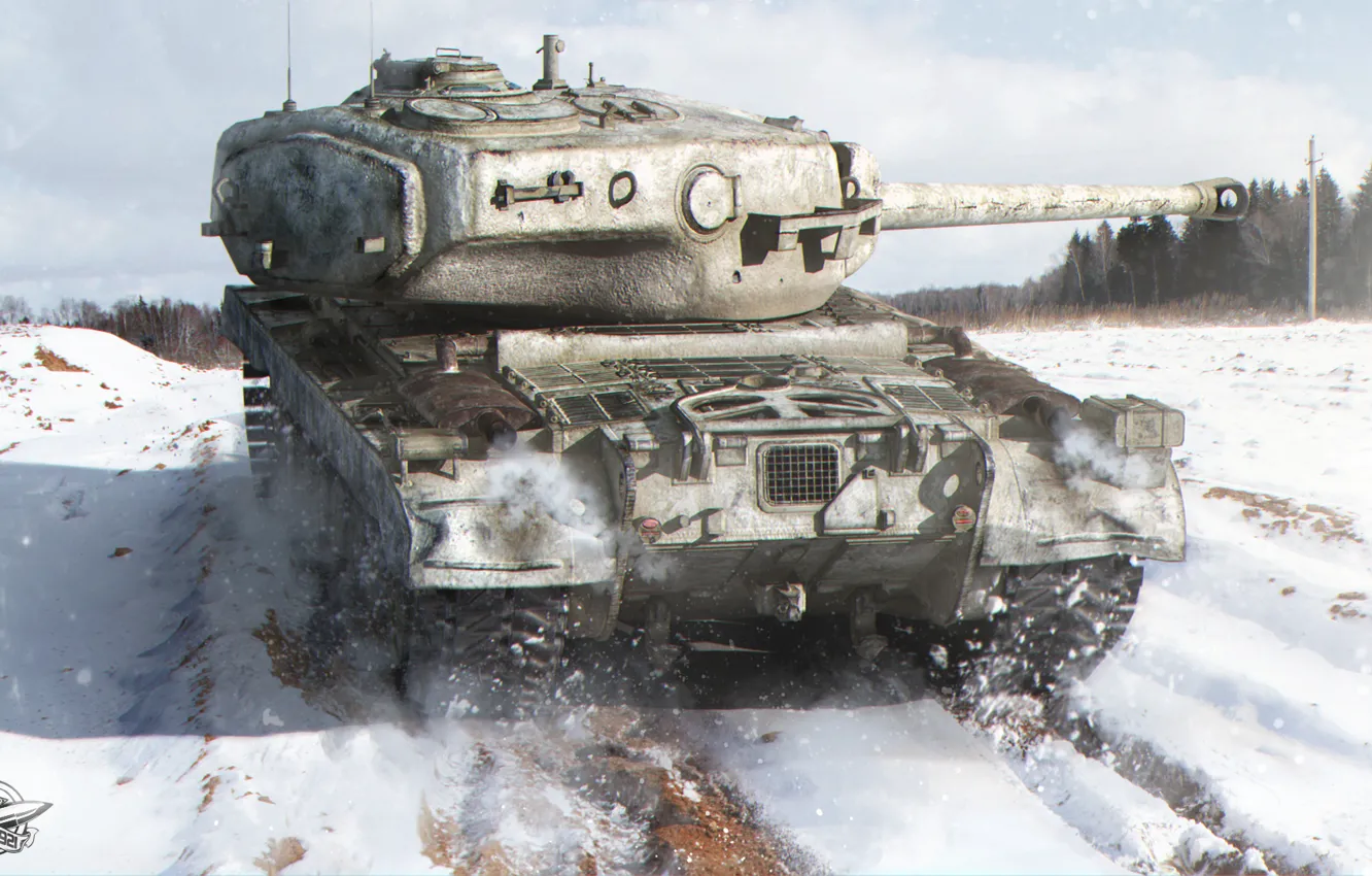 Фото обои зима, поле, лес, снег, танк, американский, тяжелый, World of Tanks