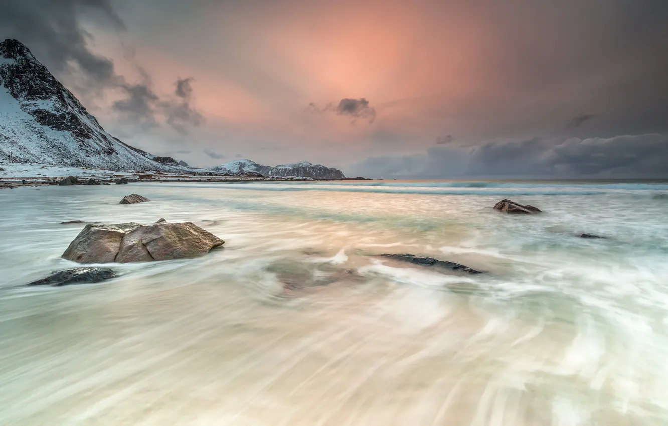 Фото обои Dusk, Lofoten Surf, Skagsanden Sunset