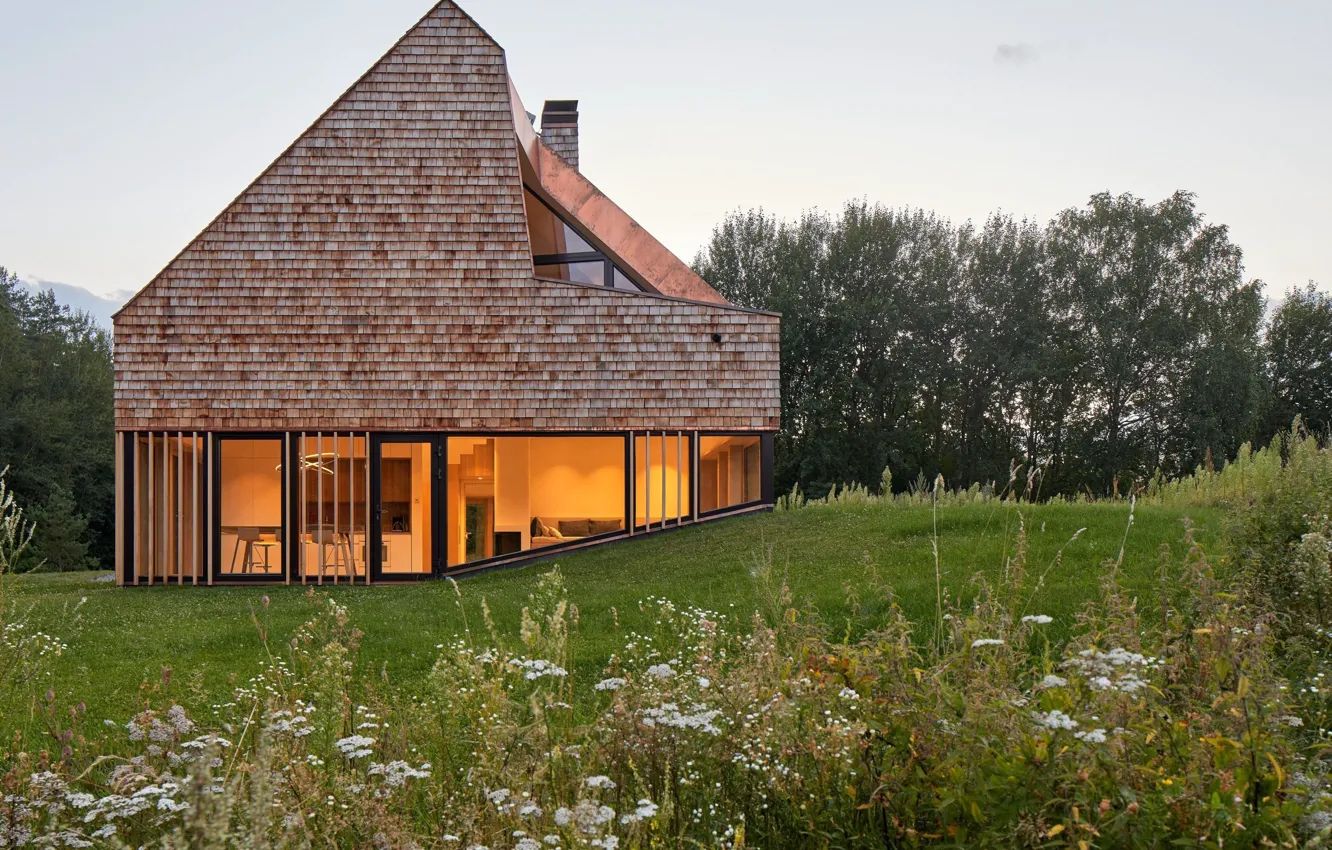 Фото обои цветы, поляна, вилла, архитектура, Литва, Вильнюс, Cedar House, by Studio Arches
