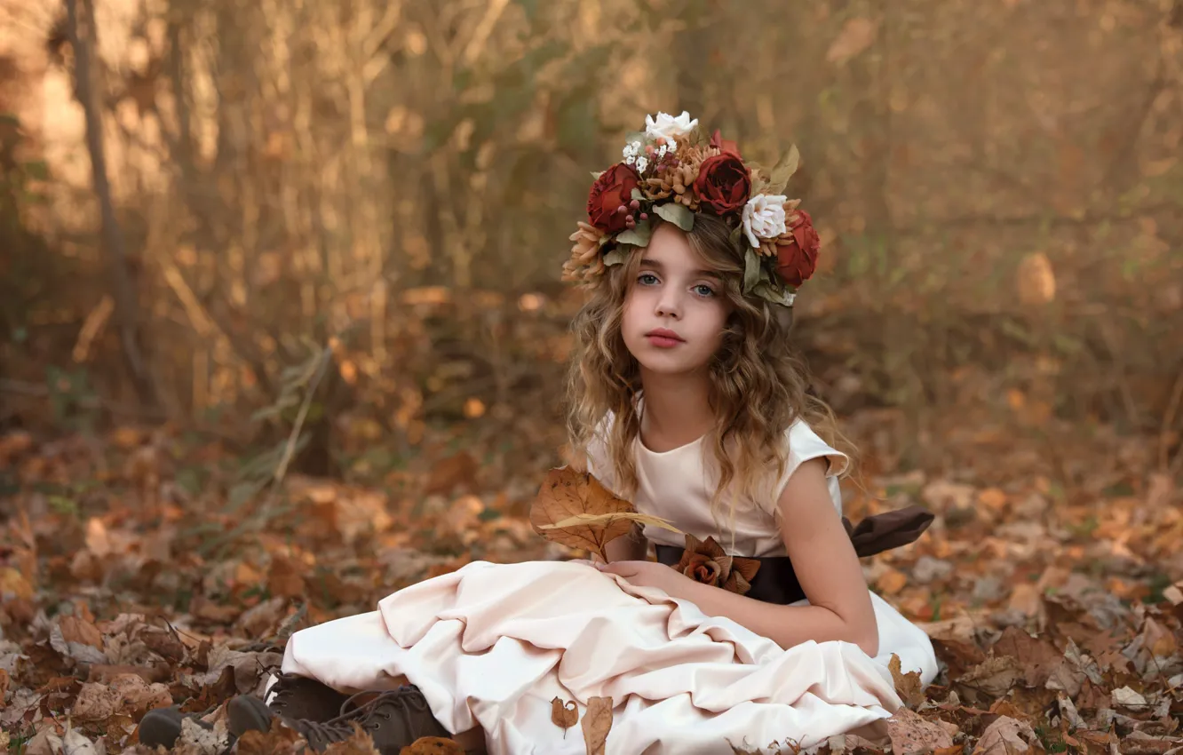 Фото обои осень, цветы, природа, ботинки, платье, девочка, венок