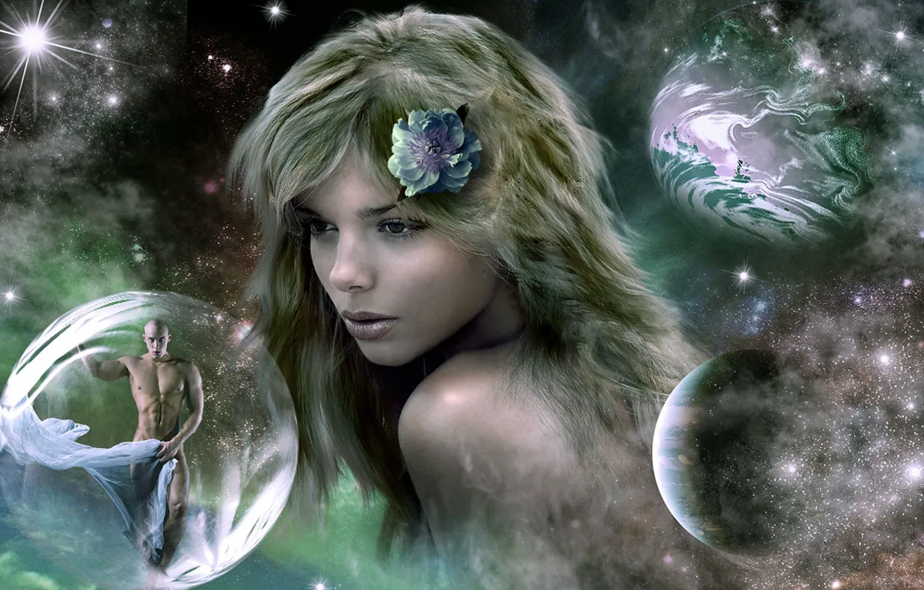 Фото обои девушка, цветы, пузыри, вселенная, планеты, мужчина