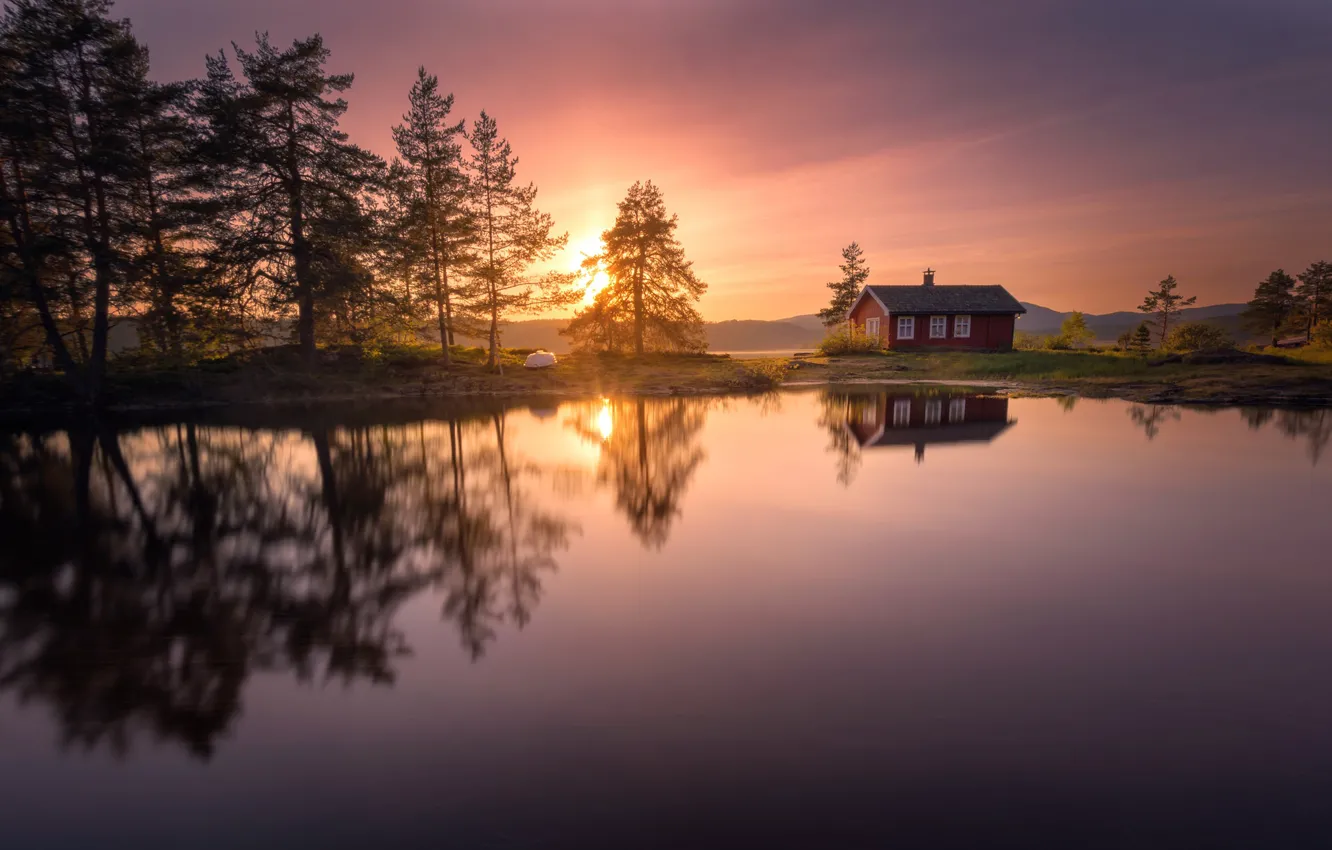 Фото обои деревья, закат, озеро, отражение, Норвегия, домик, Norway, Рингерике