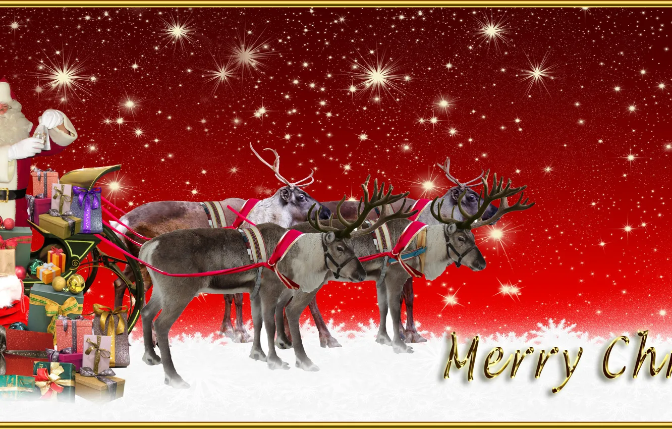 Фото обои Звезды, Рождество, Новый год, Санта Клаус, Олени, Merry Christmas, Сани, Развозит подарки