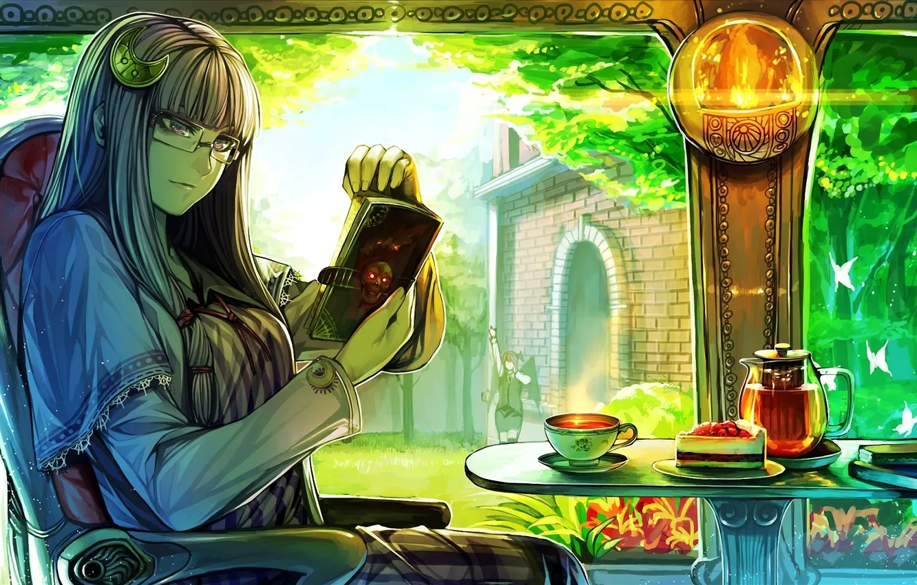 Фото обои девушка, стол, чай, череп, окно, арт, очки, книга
