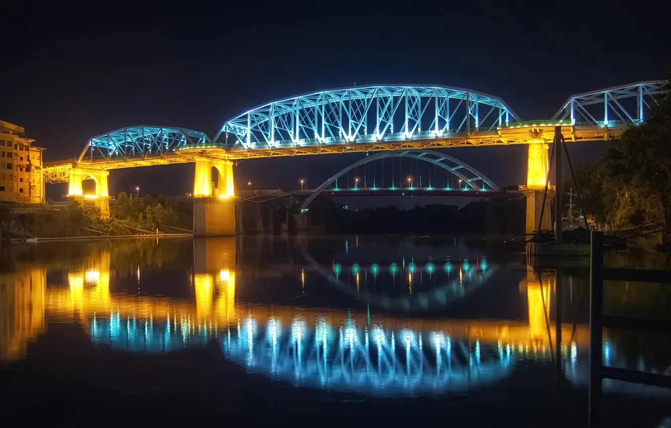 Фото обои вода, мост, огни, отражение, река